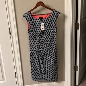 navy hex pattern knee length dress polyester gathered waist